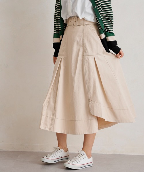 Chez toi（シェトワ）の「ベルト付配色ステッチアシメスカート（スカート・レディース・アイボリー/ブラック/カーキ/ブルー・FREE）」の7枚目の写真