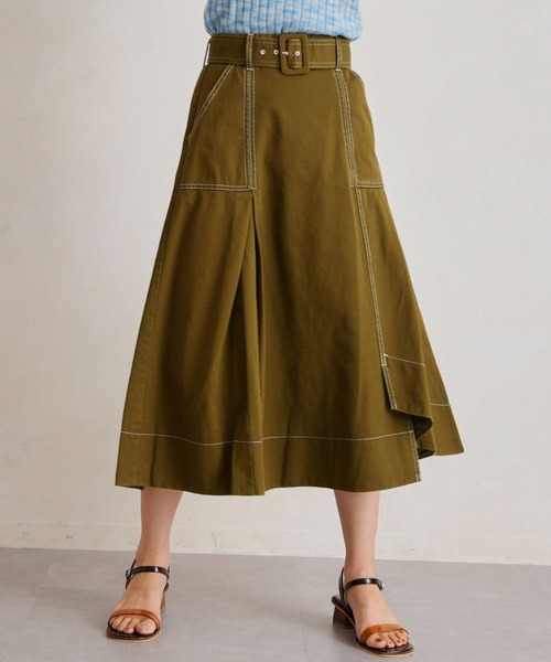 Chez toi（シェトワ）の「ベルト付配色ステッチアシメスカート（スカート・レディース・アイボリー/ブラック/カーキ/ブルー・FREE）」の16枚目の写真