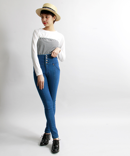 WEGO（ウィゴー）の「WEGO/前ボタンハイウエストスキニーパンツ（デニムパンツ・レディース・ホワイト/インディゴブルー/ダークインディゴブルー・MEDIUM/LARGE）」の2枚目の写真