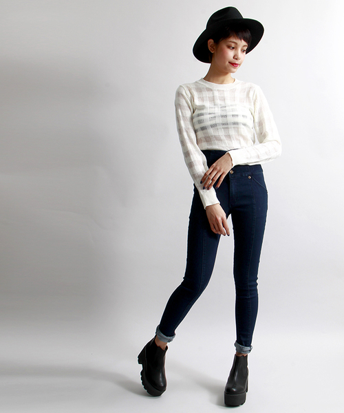 WEGO（ウィゴー）の「WEGO/前ボタンハイウエストスキニーパンツ（デニムパンツ・レディース・ホワイト/インディゴブルー/ダークインディゴブルー・MEDIUM/LARGE）」の3枚目の写真