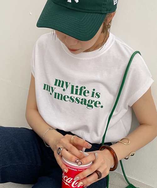 DISCOAT(ディスコート)の「【WEB限定】アメリカンロゴフレンチTシャツ(Tシャツ/カットソー・レディース・ホワイト×グリーン/ホワイト×グレー/ホワイト×ピンク/ピンク/ネイビー/チャコールグレー/クリア・FREE)」の2枚目の写真