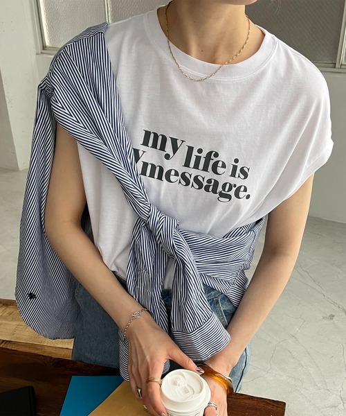 DISCOAT(ディスコート)の「【WEB限定】アメリカンロゴフレンチTシャツ(Tシャツ/カットソー・レディース・ホワイト×グリーン/ホワイト×グレー/ホワイト×ピンク/ピンク/ネイビー/チャコールグレー/クリア・FREE)」の3枚目の写真
