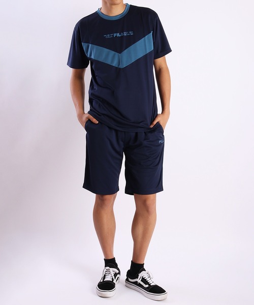 FILA(フィラ)の「FILA パウダーメッシュ 切替半袖 上下 セットアップ(ルームウェア/パジャマ・メンズ・ライトイエロー/ブラック/ミント/ネイビー/ブラック系その他/ブルー系その他/サックスブルー/ネイビー系/ブラック系その他2/サックスブルー系/ホワイト/ブラック系その他3/サックスブルー系1・L/M/LL)」の10枚目の写真