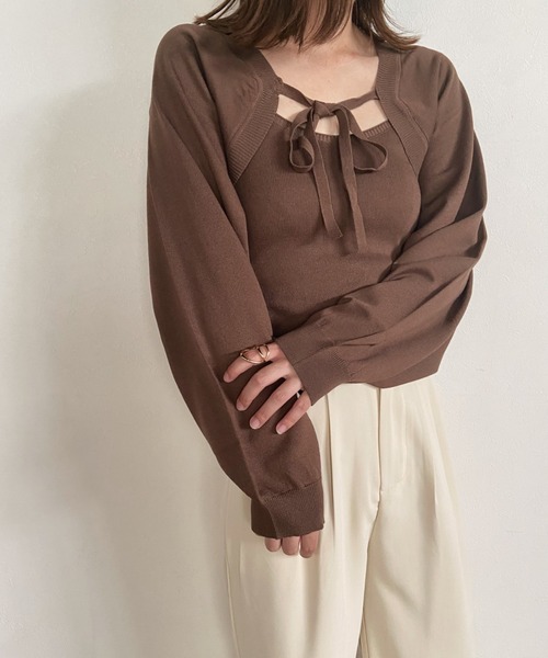 CLEA（クレア）の「ニットボレロカーディガン+ニットキャミSET（カーディガン/ボレロ・レディース・ブラック/ブラウン/オリーブ/アイボリー・FREE）」の14枚目の写真