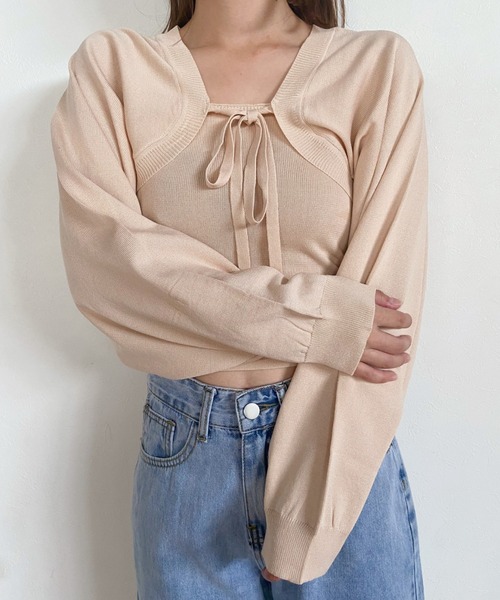 CLEA（クレア）の「ニットボレロカーディガン+ニットキャミSET（カーディガン/ボレロ・レディース・ブラック/ブラウン/オリーブ/アイボリー・FREE）」の5枚目の写真