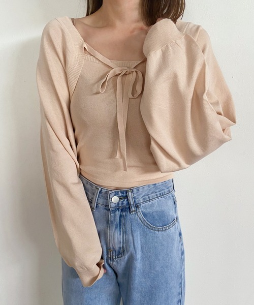 CLEA（クレア）の「ニットボレロカーディガン+ニットキャミSET（カーディガン/ボレロ・レディース・ブラック/ブラウン/オリーブ/アイボリー・FREE）」の7枚目の写真