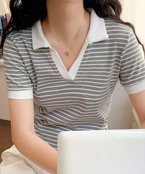 Girly Doll(ガーリードール)の「ポロカラーボーダー半袖リブTシャツ(Tシャツ/カットソー・レディース・ブラック/ホワイト/グレー・L/M)」の1枚目の写真