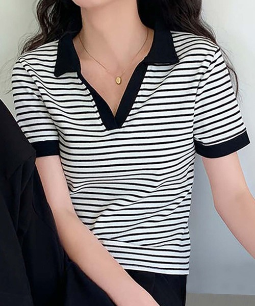 Girly Doll(ガーリードール)の「ポロカラーボーダー半袖リブTシャツ(Tシャツ/カットソー・レディース・ブラック/ホワイト/グレー・L/M)」の2枚目の写真