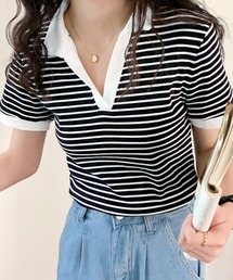 ポロカラーボーダー半袖リブTシャツ