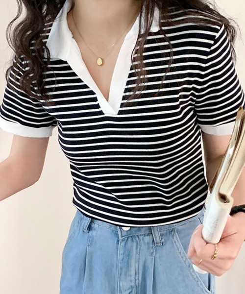 Girly Doll(ガーリードール)の「ポロカラーボーダー半袖リブTシャツ(Tシャツ/カットソー・レディース・ブラック/ホワイト/グレー・L/M)」の3枚目の写真