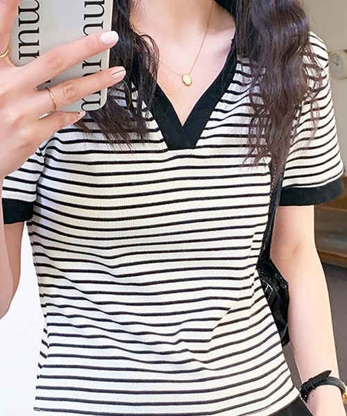 Girly Doll(ガーリードール)の「ポロカラーボーダー半袖リブTシャツ(Tシャツ/カットソー・レディース・ブラック/ホワイト/グレー・L/M)」の4枚目の写真
