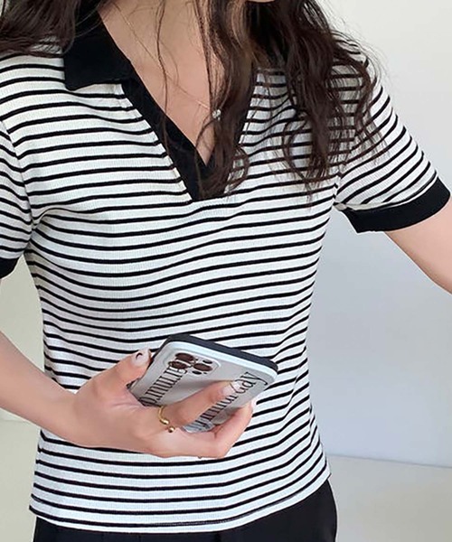 Girly Doll(ガーリードール)の「ポロカラーボーダー半袖リブTシャツ(Tシャツ/カットソー・レディース・ブラック/ホワイト/グレー・L/M)」の6枚目の写真