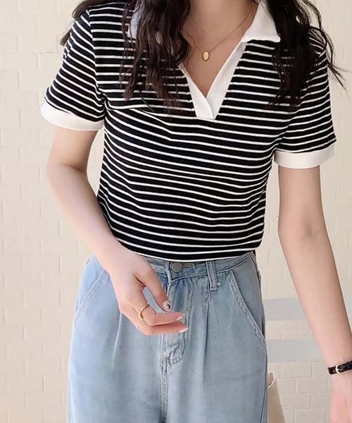 Girly Doll(ガーリードール)の「ポロカラーボーダー半袖リブTシャツ(Tシャツ/カットソー・レディース・ブラック/ホワイト/グレー・L/M)」の8枚目の写真