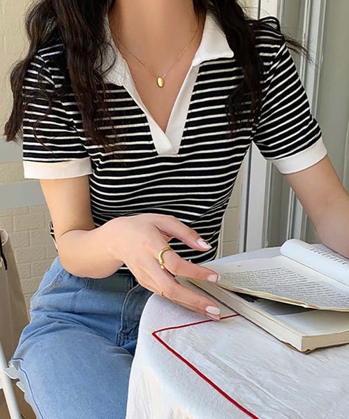 Girly Doll(ガーリードール)の「ポロカラーボーダー半袖リブTシャツ(Tシャツ/カットソー・レディース・ブラック/ホワイト/グレー・L/M)」の10枚目の写真