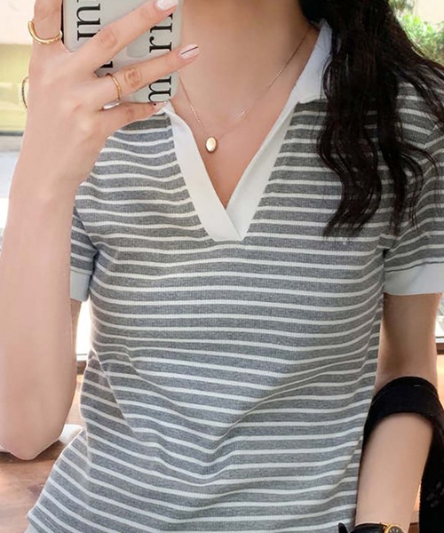 Girly Doll(ガーリードール)の「ポロカラーボーダー半袖リブTシャツ(Tシャツ/カットソー・レディース・ブラック/ホワイト/グレー・L/M)」の11枚目の写真