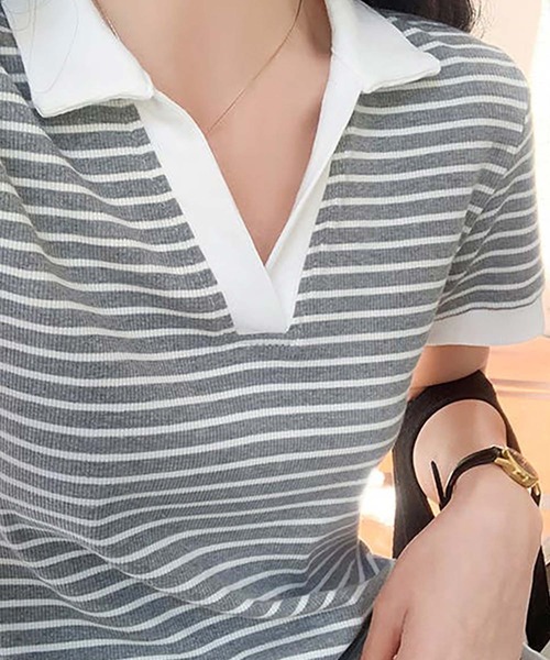 Girly Doll(ガーリードール)の「ポロカラーボーダー半袖リブTシャツ(Tシャツ/カットソー・レディース・ブラック/ホワイト/グレー・L/M)」の12枚目の写真