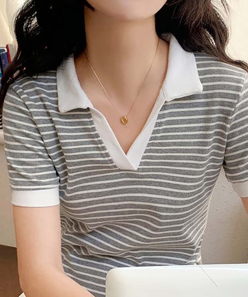 Girly Doll(ガーリードール)の「ポロカラーボーダー半袖リブTシャツ(Tシャツ/カットソー・レディース・ブラック/ホワイト/グレー・L/M)」の13枚目の写真