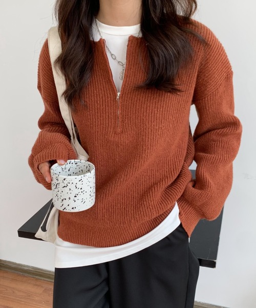 ABITOKYO(アビトーキョー)の「ハーフジップ畦編みニットプルオーバー(ニット/セーター・レディース・ネイビー/グレー/アイボリー/ブラウン・FREE)」の9枚目の写真