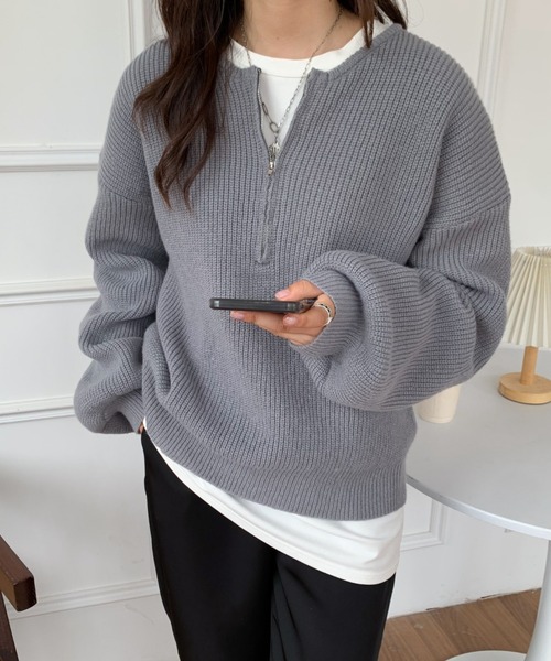 ABITOKYO(アビトーキョー)の「ハーフジップ畦編みニットプルオーバー(ニット/セーター・レディース・ネイビー/グレー/アイボリー/ブラウン・FREE)」の8枚目の写真