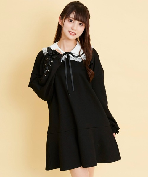 Secret Honey(シークレットハニー)の「裾フレア襟付き裏毛ワンピース(Tシャツ/カットソー・レディース・ブラック/ピンク・FREE)」の2枚目の写真