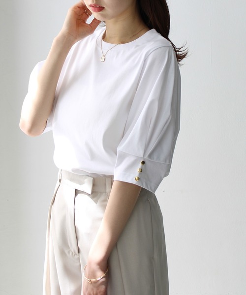 GeeRA(ジーラ)の「コットン天竺タックスリーブTシャツ(Tシャツ/カットソー・レディース・ピンク/ブラック/オフホワイト・X-LARGE/MEDIUM/LARGE)」の2枚目の写真