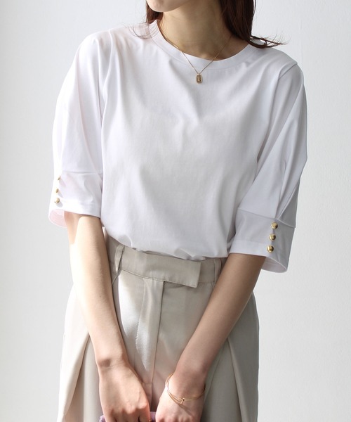 GeeRA(ジーラ)の「コットン天竺タックスリーブTシャツ(Tシャツ/カットソー・レディース・ピンク/ブラック/オフホワイト・X-LARGE/MEDIUM/LARGE)」の11枚目の写真