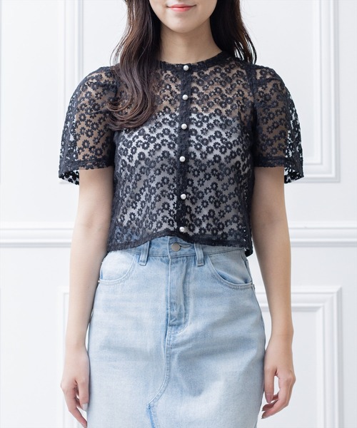 clear（クリア）の「オーガンジー刺繍半袖ブラウス （シャツ/ブラウス・レディース・ブラック/ホワイト/ベージュ/ミント・F）」の3枚目の写真