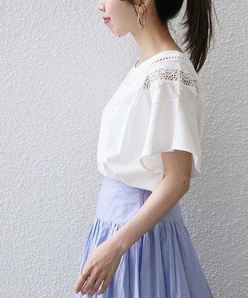 SHIPS any（シップス エニィ）の「SHIPS any:〈洗濯機可能〉ラウンド ネック レース Tシャツ（Tシャツ/カットソー・レディース・ブラック/ホワイト・ONE SIZE）」の12枚目の写真