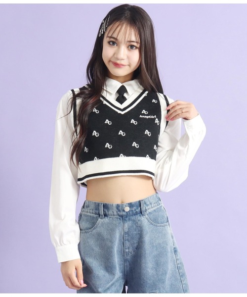 ANAP GｉRL（アナップガール）の「モノグラム柄ニットベスト（ベスト・キッズ・ブラック/ブラウン・S/XS/M）」の4枚目の写真