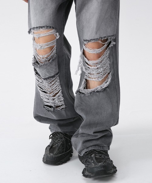 ルーズシルエット ハードクラッシュダメージ加工 グレーワイドデニム