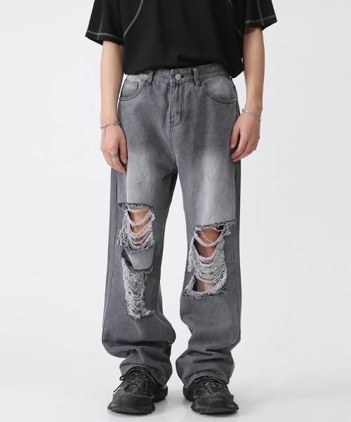 ルーズシルエット ハードクラッシュダメージ加工 グレーワイドデニム