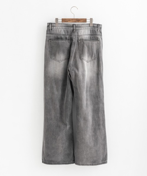 ルーズシルエット ハードクラッシュダメージ加工 グレーワイドデニム