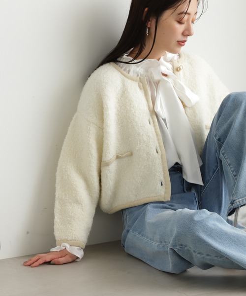 N.(N. Natural Beauty Basic)(エヌエヌナチュラルビューティーベーシック)の「◆アストラカンニットトリムカーディガン(カーディガン/ボレロ・レディース・ブラック/ライトグリーン/クリーム・MEDIUM)」の2枚目の写真