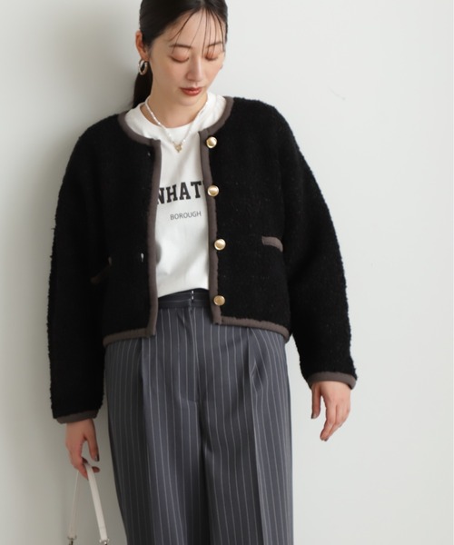 N.(N. Natural Beauty Basic)(エヌエヌナチュラルビューティーベーシック)の「◆アストラカンニットトリムカーディガン(カーディガン/ボレロ・レディース・ブラック/ライトグリーン/クリーム・MEDIUM)」の4枚目の写真