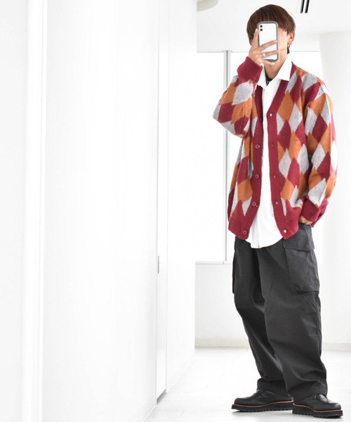 Anytime Songs(エニータイムソングス)の「ジャギー加工ダイヤ柄 バルーンカーディガン(カーディガン/ボレロ・メンズ・ワイン/ブラック/グリーン・MEDIUM/X-LARGE/LARGE)」の16枚目の写真