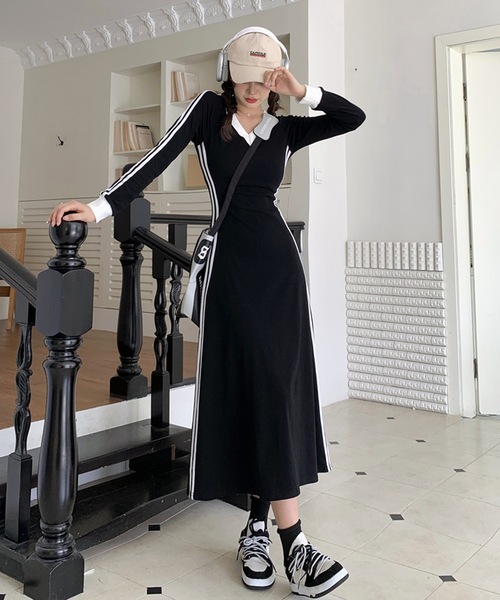 shopnikoniko(ショップニコニコ)の「サイドライン Vネック ロングワンピース 長袖 スポーティー バイカラー(ワンピース・レディース・ブラック・フリー)」の6枚目の写真