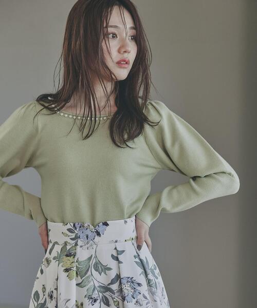 プロポーションボディドレッシング　パフスリーブパールネックニット　ベージュ PROPORTION BODY DRESSING（プロポーションボディドレッシング