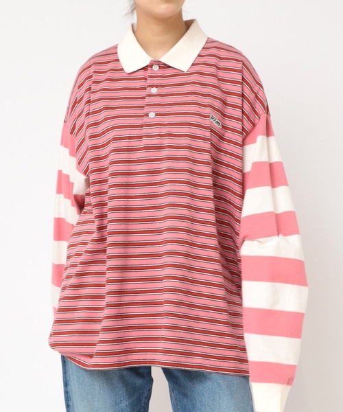 tシャツ M2195 ボーダーコンビポロロンT レディース セール】M2195 ボーダーコンビポロロンT（Tシャツ/カットソー