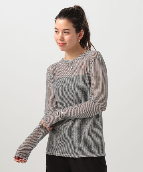 BAYFLOW（ベイフロー）の「シアーストライププルオーバー（Tシャツ/カットソー・レディース・グレー/グリーン/アイボリー/ブラック・FREE）」の2枚目の写真