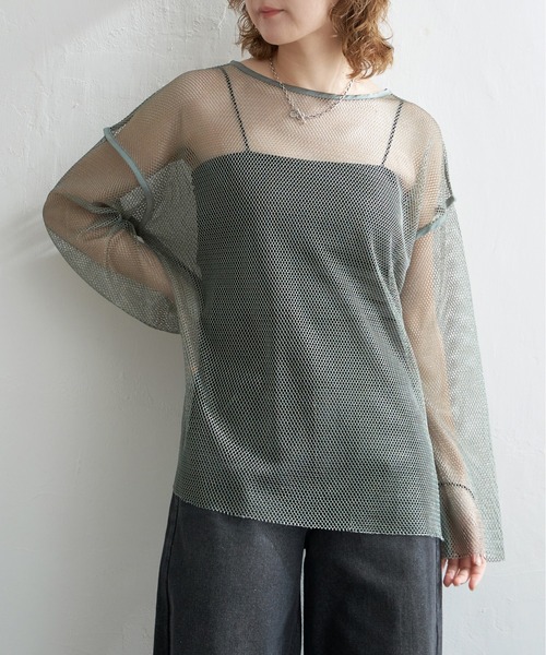 notch.(ノッチ)の「ラメ混メッシュロンT(Tシャツ/カットソー・レディース・グリーン/オフホワイト/ブラック・M)」の4枚目の写真