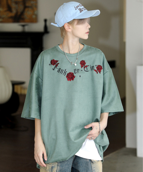 neos（ネオス）の「【neos】ルーズシルエット フェイクスウェード 薔薇 ローズ 刺繍 ロゴ ハーフスリーブ Tシャツ（Tシャツ/カットソー・メンズ・ブラック/ブラウン/グリーン・MEDIUM/LARGE/X-LARGE）」の3枚目の写真