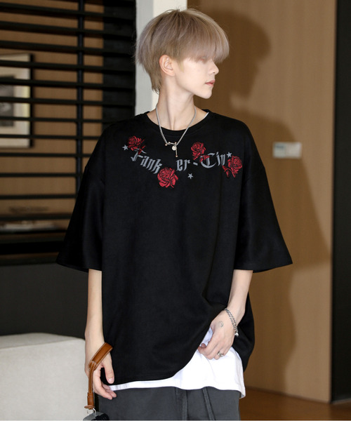 neos（ネオス）の「【neos】ルーズシルエット フェイクスウェード 薔薇 ローズ 刺繍 ロゴ ハーフスリーブ Tシャツ（Tシャツ/カットソー・メンズ・ブラック/ブラウン/グリーン・MEDIUM/LARGE/X-LARGE）」の4枚目の写真