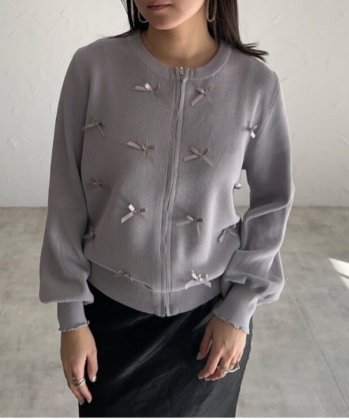 セール】リボン付きジップアップニットカーディガン（カーディガン