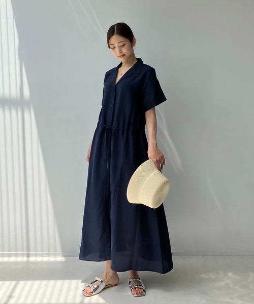 AS KNOW AS plus（アズノゥアズプラス）の「◎ウエスト結び開襟ワンピ―ス（ワンピース・レディース・ブラック系/ベージュ系/グリーン系/ネイビー系/ブラック/サックスブルー/モカ/ネイビー/イエロー系・FREE）」の7枚目の写真