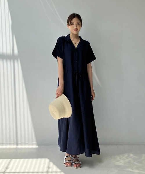 AS KNOW AS plus（アズノゥアズプラス）の「◎ウエスト結び開襟ワンピ―ス（ワンピース・レディース・ブラック系/ベージュ系/グリーン系/ネイビー系/ブラック/サックスブルー/モカ/ネイビー/イエロー系・FREE）」の14枚目の写真