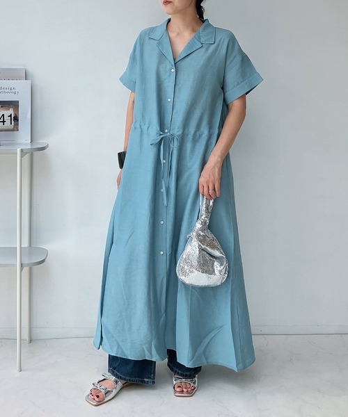 AS KNOW AS plus（アズノゥアズプラス）の「◎ウエスト結び開襟ワンピ―ス（ワンピース・レディース・ブラック系/ベージュ系/グリーン系/ネイビー系/ブラック/サックスブルー/モカ/ネイビー/イエロー系・FREE）」の19枚目の写真