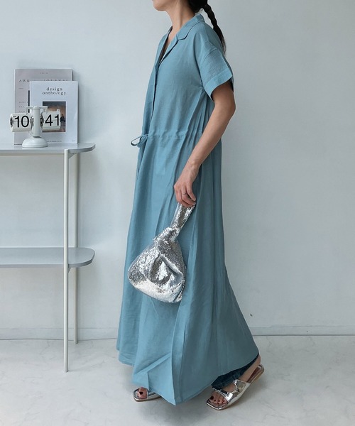 AS KNOW AS plus（アズノゥアズプラス）の「◎ウエスト結び開襟ワンピ―ス（ワンピース・レディース・ブラック系/ベージュ系/グリーン系/ネイビー系/ブラック/サックスブルー/モカ/ネイビー/イエロー系・FREE）」の20枚目の写真