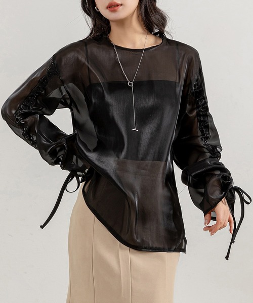 シアリングパフトップス ブラック 19,800円 SLY ブラウス シャツ FRONT ZIP SHIRRING BL フロント ジップ