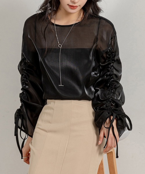 DAY CLOSET（デイ クローゼット）の「レディース 長袖シャーリング艶感シアートップス（シャツ/ブラウス・レディース・ダークネイビー/ブラック/グレイッシュベージュ/パープル・FREE）」の6枚目の写真