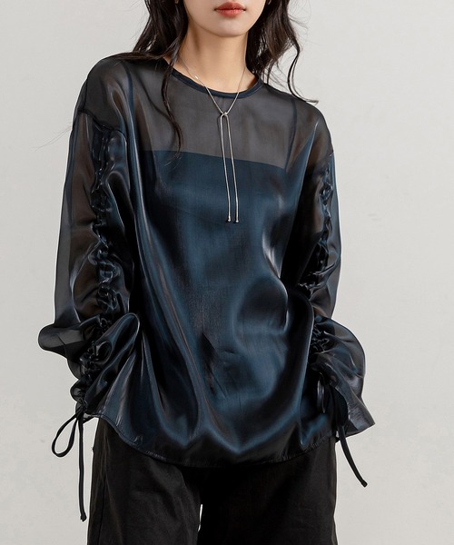 DAY CLOSET（デイ クローゼット）の「レディース 長袖シャーリング艶感シアートップス（シャツ/ブラウス・レディース・ダークネイビー/ブラック/グレイッシュベージュ/パープル・FREE）」の20枚目の写真